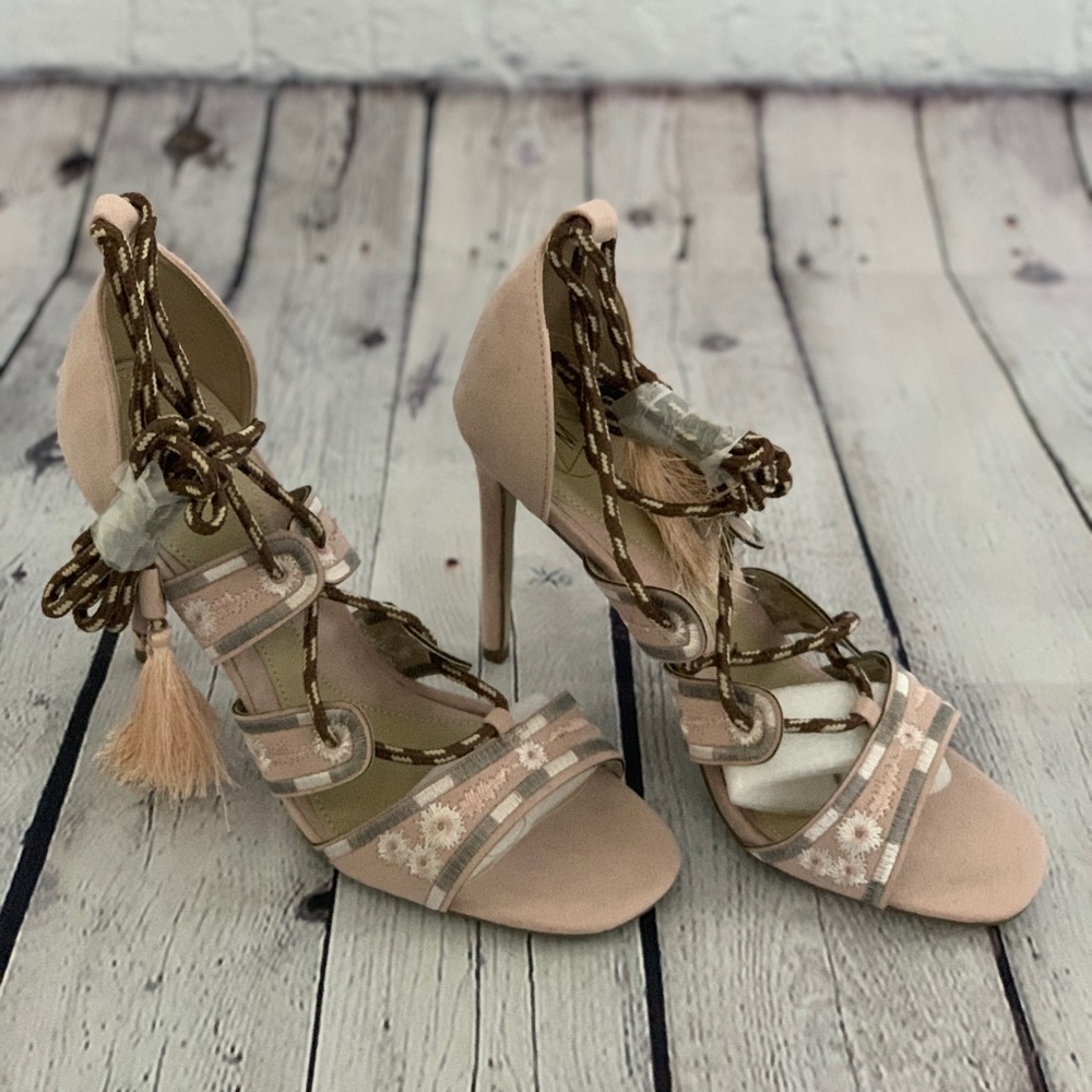 Embroidered tie up heels